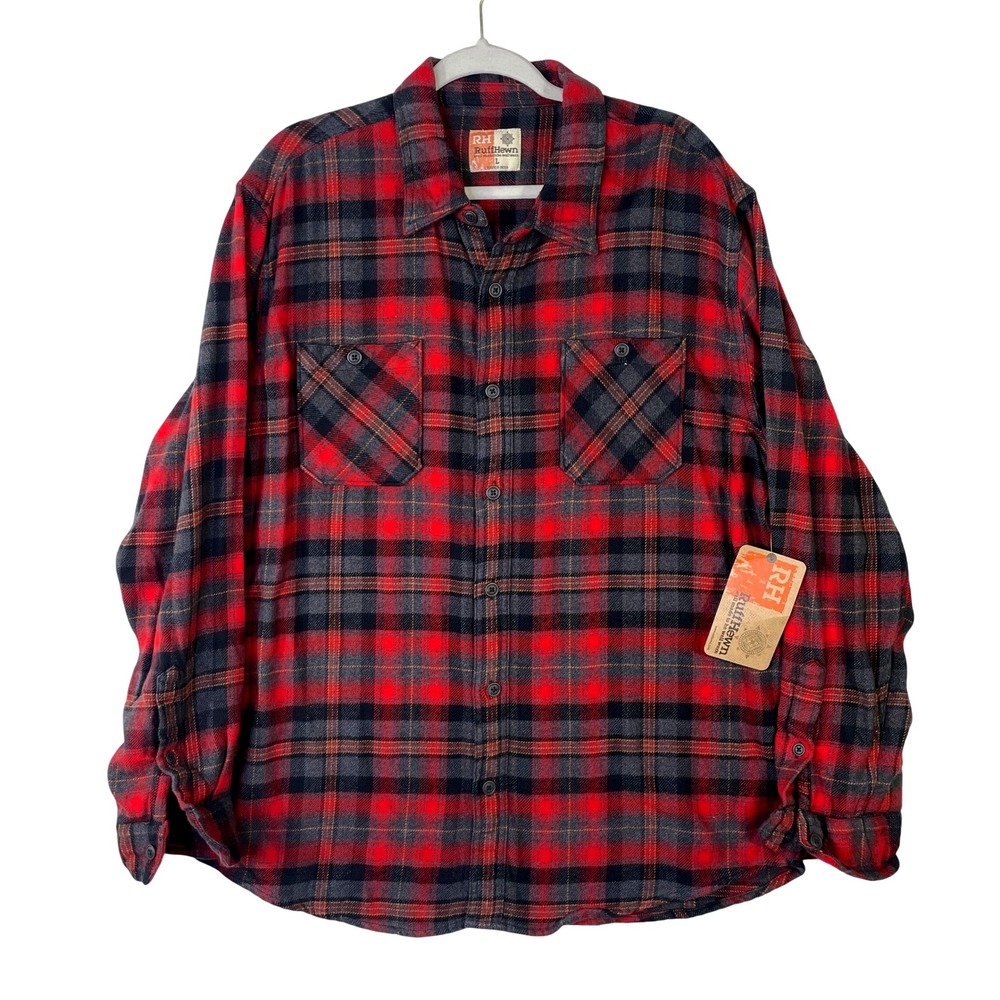 RuffHewn Mens Red Black Plaid Flannel Button Down Shirt Large Long Sleeve L